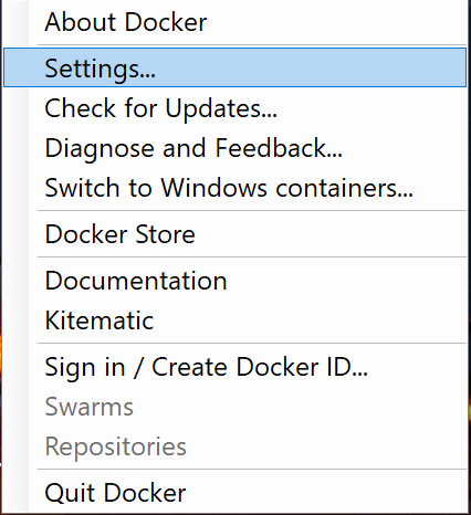 Docker settings menu
