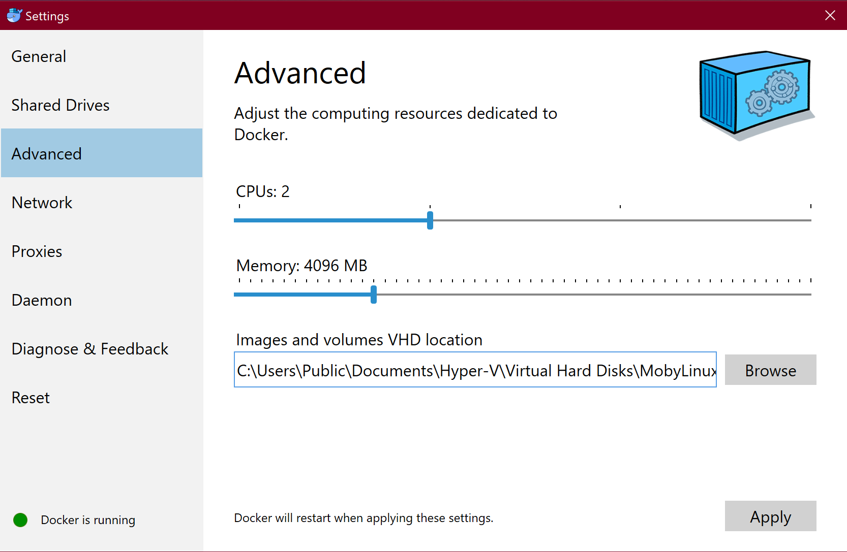 Docker advanced settings