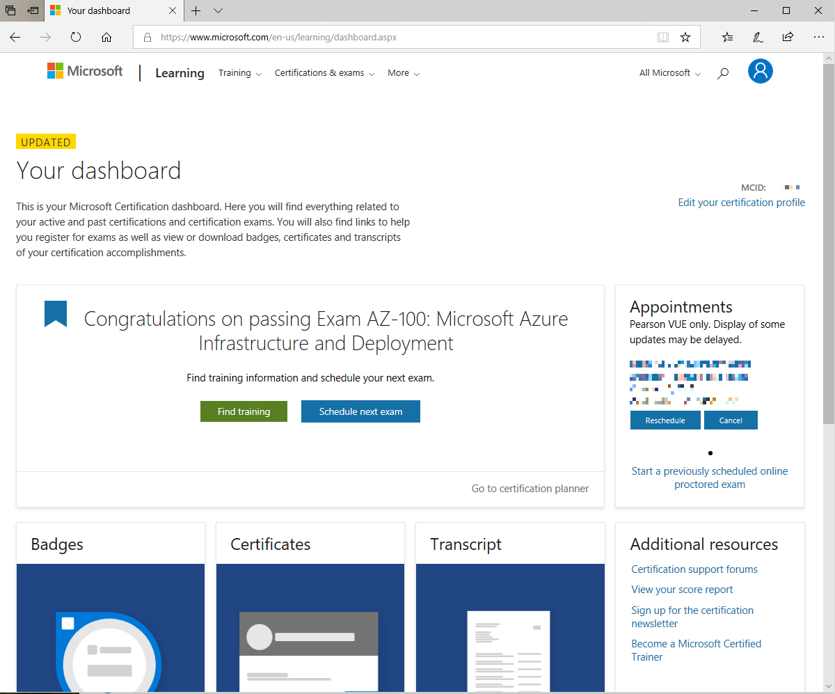 Passed AZ100 Microsoft Azure Infrastructure and Deployment