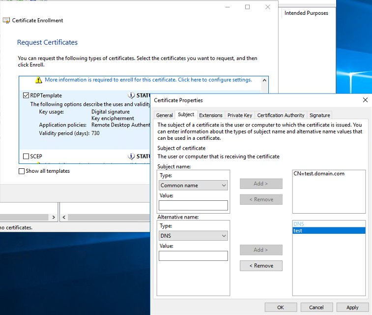 Properties on the certificate's template